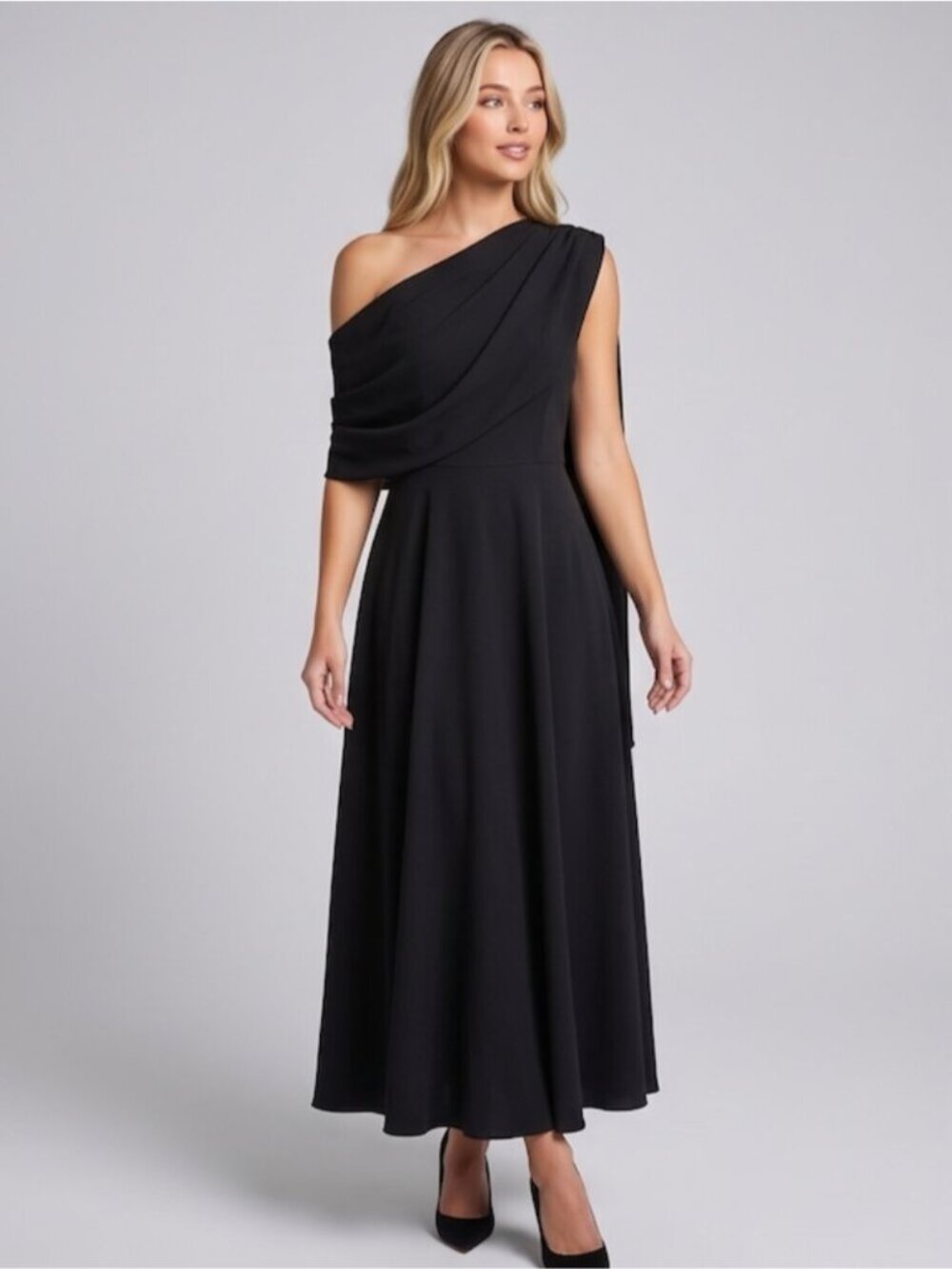 Black One-Shoulder Draped Cape Midi Dress